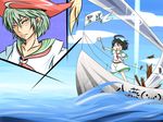  :3 ahoge alternate_hair_color amakan! bad_id bad_pixiv_id black_hair boat destruction flag glint green_eyes green_hair hand_on_hip hat highres ladle murasa_minamitsu navel o_o ocean pirate_hat sailor sailor_collar sailor_hat serious short_hair touhou water watercraft wind wind_lift 