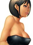  bare_shoulders black_hair blue_eyes breasts cleavage covered_nipples fumio_(rsqkr) jill_valentine large_breasts lips resident_evil short_hair simple_background solo strapless tubetop white_background 