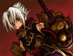  .hack//g.u. 1boy armor banned_artist chainsaw haseo_(.hack//) male_focus red_eyes silver_hair solo sword tattoo weapon yokige 