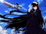  aircraft airplane black_hair cloud day e-767 glasses gloves hat japan_air_self-defense_force japan_self-defense_force jet lens_flare long_hair mecha_musume military military_uniform personification salute signature sky solo soma_(a-soma) uniform very_long_hair white_gloves 