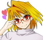  adjusting_eyewear ahoge arcueid_brunestud bespectacled blonde_hair blush glasses heart nakaji4431 red_eyes short_hair smile solo sweater tsukihime turtleneck 