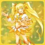  blonde_hair boots bow choker cure_sunshine hair_ribbon heart heartcatch_precure! knee_boots long_hair magical_girl midriff myoudouin_itsuki navel orange_bow orange_choker orange_skirt outstretched_hand petals precure ribbon skirt solo twintails wrist_cuffs yellow yellow_background yellow_bow yellow_eyes 