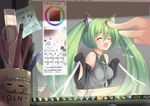  animal_ears box cat_ears closed_eyes desktop dreamlight2000 english fang green_hair happy hatsune_miku heart highres in_box in_container kemonomimi_mode long_hair monitor necktie nyan open_mouth painttool_sai poking scissors smile solo_focus spring_onion twintails very_long_hair vocaloid 