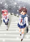  bad_id bad_pixiv_id bag blue_eyes brown_hair haramura_nodoka highres kiyosumi_school_uniform long_hair looking_up miyanaga_saki multiple_girls neckerchief perspective pink_hair red_eyes red_neckwear saki scarf school_uniform serafuku short_hair snow stairs twintails yuunagi_kanade 