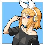  bespectacled blonde_hair blue_eyes closed_mouth glasses hair_ornament hair_ribbon hairclip headphones jaco kagamine_rin portrait ribbon short_hair smile solo vocaloid 