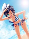  bikini black_hair blue_eyes day hat highres kuriimu murasa_minamitsu one_eye_closed sailor_hat short_hair solo striped striped_bikini swimsuit touhou 