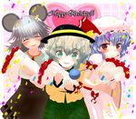  animal_ears bat_wings blue_hair blush bouquet bow capelet closed_eyes confetti dress flower green_eyes grey_hair happy_birthday hat heart ishikkoro komeiji_koishi long_hair mouse_ears multiple_girls nazrin red_eyes red_flower red_rose remilia_scarlet ribbon rose short_hair silver_hair skirt smile touhou wings 