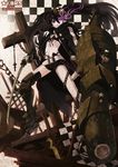  belt black_hair black_rock_shooter burning_eye chain checkered insane_black_rock_shooter loose_belt purple_eyes scar shorts solo sword twintails weapon yuu_(yuyukaikan) 