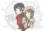  1girl blue_eyes blue_hair braid brown_hair coat commentary couple flower hat hetero one_eye_closed original scarf smile twin_braids weee_(raemz) 