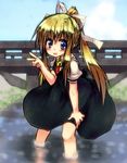  air blonde_hair blue_eyes bridge highres kamio_misuzu long_hair ponytail rutsubo school_uniform solo v wading water 