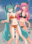  bench bikini blue_eyes green_eyes green_hair hatsune_miku headphones headset long_hair megurine_luka microphone multiple_girls one_eye_closed pink_hair ranpu swimsuit untying vocaloid 