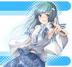  aqua_eyes aqua_hair bad_id bad_pixiv_id detached_sleeves fingernails foreshortening frog grey_nails hair_ornament highres kochiya_sanae long_hair looking_at_viewer metalwasabi microphone nail_polish open_mouth pointing pointing_at_viewer ribbon smile snake solo touhou 