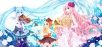  aqua_eyes aqua_hair blonde_hair bow bowtie dress flower french_horn hair_flower hair_ornament hairpin hat hatsune_miku highres instrument jpeg_artifacts kagamine_rin koto_(colorcube) long_hair megurine_luka multiple_girls open_mouth pink_hair ribbon rose smile top_hat trumpet twintails violin vocaloid white_flower white_rose 