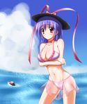  absurdres bikini blush breast_hold breasts choker groin hat highres medium_breasts midoriiro_no_shinzou nagae_iku purple_hair red_eyes see-through short_hair solo swimsuit touhou 