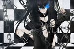  bad_id bad_pixiv_id bikini_top black_hair black_rock_shooter black_rock_shooter_(character) blue_eyes boots burning_eye chain gun long_hair moha navel pale_skin sitting solo twintails weapon 