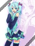  aqua_eyes aqua_hair blue_nails detached_sleeves face hatsune_miku long_hair nail_polish open_mouth ribbon skirt solo thighhighs twintails very_long_hair vocaloid yuh zettai_ryouiki 