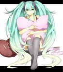  aikawa_sakuko aqua_hair bad_id bad_pixiv_id green_eyes hatsune_miku long_hair pillow pillow_hug sitting solo twintails very_long_hair vocaloid 