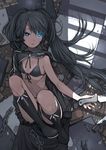  1girl absurdres bikini_top black_hair black_rock_shooter black_rock_shooter_(character) blue_eyes boots burning_eye chain glowing glowing_eye highres knee_boots knife kurumayama legs_up long_hair lying navel on_back open_mouth scar sitting solo star star-shaped_pupils symbol-shaped_pupils twintails 