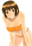  ayase_fuuka bare_shoulders bikini bob_cut breasts brown_eyes brown_hair cleavage eyebrows highres large_breasts leaning_forward short_hair shu-z solo strapless swimsuit thick_eyebrows tubetop yotsubato! 