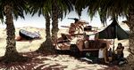  caterpillar_tracks desert gas_can ground_vehicle jerry_can landscape male_focus matilda_(tank) military military_vehicle motor_vehicle multiple_boys original palm_tree sand shade shimazu_tekkou ship sunlight tank tent tree tree_shade watercraft 