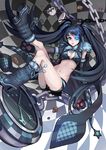  absurdres bangs belt bikini_top black_hair black_rock_shooter black_rock_shooter_(character) blue_eyes boots breasts burning_eye chain checkered checkered_floor chocolate cleavage cup elbow_gloves floating_hair food from_side front-tie_top full_body fur_collar fur_trim gloves glowing glowing_eye gradient high_heel_boots high_heels highres hips knee_boots kneepits leg_up long_hair looking_at_viewer medium_breasts midriff navel open_clothes parted_lips paw_gloves paws pocket_watch pom_pom_(clothes) racoona saucer short_shorts shorts solo spill star swept_bangs teacup twintails very_long_hair watch 