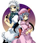  back-to-back bat_wings blue_eyes blue_hair blush bow braid chacha_(tyatya) fang grey_hair hat izayoi_sakuya jitome knife looking_at_viewer maid maid_headdress multiple_girls red_eyes remilia_scarlet short_hair smile touhou twin_braids wings 