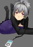  bow breasts cleavage darker_than_black digital_media_player dress face feet headphones ipod legs_up lying medium_breasts no_nose on_stomach pantyhose ponytail purple_dress purple_eyes robo8 silver_hair simple_background solo yin 
