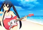  beach black_hair brown_eyes casual_one-piece_swimsuit day guitar instrument k-on! long_hair nakano_azusa one-piece_swimsuit pink_swimsuit plectrum solo soshina_nohito swimsuit twintails 
