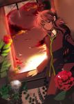  bad_id bad_pixiv_id flower gakuran green_eyes hand_in_pocket kurama leaning long_hair male_focus marirero_a red_flower red_hair red_rose rose school_uniform sky smile solo star_(sky) starry_sky sunset window yuu_yuu_hakusho 