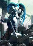  absurdres bikini_top black_rock_shooter black_rock_shooter_(character) blue_eyes blue_hair boots burning_eye chain coat gloves highres kogaken long_hair midriff navel ruins scar shorts solo sword twintails uneven_twintails weapon 
