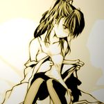  bare_shoulders collarbone long_hair monochrome original ponytail sepia sitting solo ssi thighhighs 