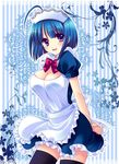  ahoge apron black_legwear blue_hair bow breasts cleavage kaitou_tenshi_twin_angel kannazuki_aoi large_breasts purple_eyes short_hair solo thighhighs tokinon twin_angel waitress zettai_ryouiki 