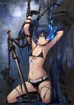 absurdres armpits bad_id bad_pixiv_id bdsm belt bikini_top black_hair black_rock_shooter black_rock_shooter_(character) blue_eyes bondage boots bound burning_eye chain chakabo flat_chest frogtie glowing glowing_eyes highres long_hair scar shorts solo sword twintails weapon 