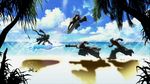  artist_request beach blazblue blazblue:_continuum_shift blonde_hair day epic ice_car island jin_kisaragi male_focus military military_uniform multiple_boys official_art outdoors palm_tree ragna_the_bloodedge sand sparkle tree uniform water 