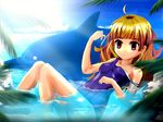  bad_id bad_pixiv_id blonde_hair dolphin long_hair one-piece_swimsuit original partially_submerged red_eyes runatama school_swimsuit solo swimsuit swimsuit_pull 