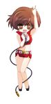  ankon_(artist) bad_id bad_pixiv_id big_hair brown_eyes brown_hair chibi highres meiko microphone midriff navel short_hair simple_background skirt smile solo vocaloid 