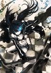  absurdres arm_cannon bikini_top black_hair black_rock_shooter black_rock_shooter_(character) blue_eyes boots burning_eye chain coat flat_chest highres ks long_hair midriff navel pale_skin scar shorts solo sword twintails weapon 