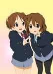  brown_eyes brown_hair hirasawa_ui hirasawa_yui illustrator_sho k-on! multiple_girls no_neck pantyhose ponytail school_uniform short_hair siblings sisters 