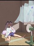  barefoot curtains daikon_(suika) denim denim_shorts electric_fan fan feet food goggles goggles_on_head highres hot letterboxed long_hair original popsicle purple_eyes purple_hair shorts sitting soles solo tatami wind_chime 