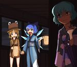  &gt;:) :3 :d bad_id bad_pixiv_id blonde_hair blue_eyes blue_hair bow cirno dark evil_grin evil_smile eyes frog grin hair_bow hat heterochromia hiding japanese_clothes kimono lantern moriya_suwako multiple_girls nosuku open_mouth paper_lantern pyonta red_eyes scared short_hair smile tatara_kogasa tears touhou umbrella v-shaped_eyebrows wings 