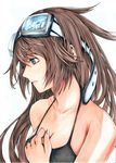  bad_id bad_pixiv_id bare_shoulders blue_eyes breasts brown_hair cleavage collarbone devildogs goggles goggles_on_head hand_on_own_chest highres long_hair medium_breasts original profile simple_background solo traditional_media 