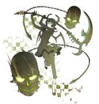  bad_id bad_pixiv_id black_rock_shooter chain checkered checkered_background dead_master dress glowing green_eyes highres holding holding_scythe horns izumi_(nagashi) long_hair monochrome running scythe skull solo spot_color wings 