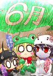  aegis_(persona) blush_stickers chibi costume devil_summoner frog leaf mary_(soul_hackers) metis multiple_girls persona persona_3 rain red_eyes segami_daisuke soul_hackers tadpole teruterubouzu translation_request 