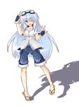  blue_eyes blue_hair blush daikon_(suika) gloves goggles goggles_on_head one_eye_closed original sandals shorts simple_background solo 