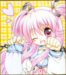  angel_beats! chain colored_pencil_(medium) hangure_bamboo200x highres long_hair marker_(medium) one_eye_closed paw_pose pink_eyes pink_hair school_uniform serafuku shikishi solo traditional_media watercolor_pencil_(medium) yui_(angel_beats!) 