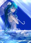  aqua_eyes aqua_hair flower hair_flower hair_ornament hatsune_miku long_hair smile solo teki_(kakari) twintails umbrella very_long_hair vocaloid water 