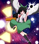  aho asymmetrical_clothes black_hair black_sun highres long_hair mismatched_footwear red_eyes reiuji_utsuho solo sun touhou universe wings 