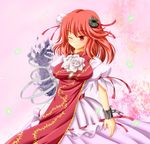  archienemy bandages blush bun_cover chain chinese_clothes cuffs double_bun dress false_arm false_limb flower horn horns ibaraki_kasen one_eye_closed pink_flower pink_hair pink_rose red_eyes ribbon rose short_hair smile solo tabard touhou white_flower white_rose 