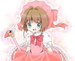  brown_hair cardcaptor_sakura dress fuuin_no_tsue green_eyes hat kinomoto_sakura magical_girl pink_hat short_hair solo wand wings yuunagi_konoha 