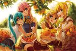  3girls apple aqua_hair ass basket belt blonde_hair blue_eyes bracelet denim food fruit hair_ornament hair_ribbon hairpin hatsune_miku holding holding_food holding_fruit jewelry kagamine_len kagamine_rin megurine_luka midriff multiple_girls nail_polish orange panties pantyshot pink_hair ribbon sailor_collar short_hair shorts silverwing striped striped_panties twintails underwear upskirt vocaloid watermark 